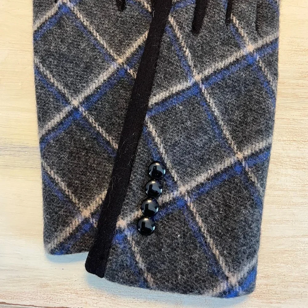 Winter Gloves Faux Cashmere Gray Blue Plaid Button Cuff Touch Screen Smart